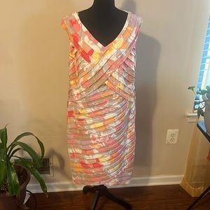 London Times sleeveless print dress size 16W soft colors V neck hi-lo hemline